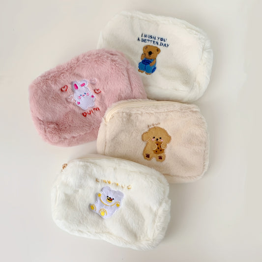 Animal Embroidered Fluffy Makeup Bag Plush Storage Pouch