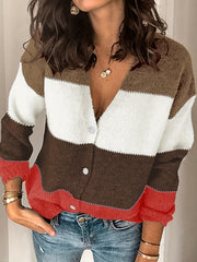  Colorblock Button Up Cardigan Long Sleeve