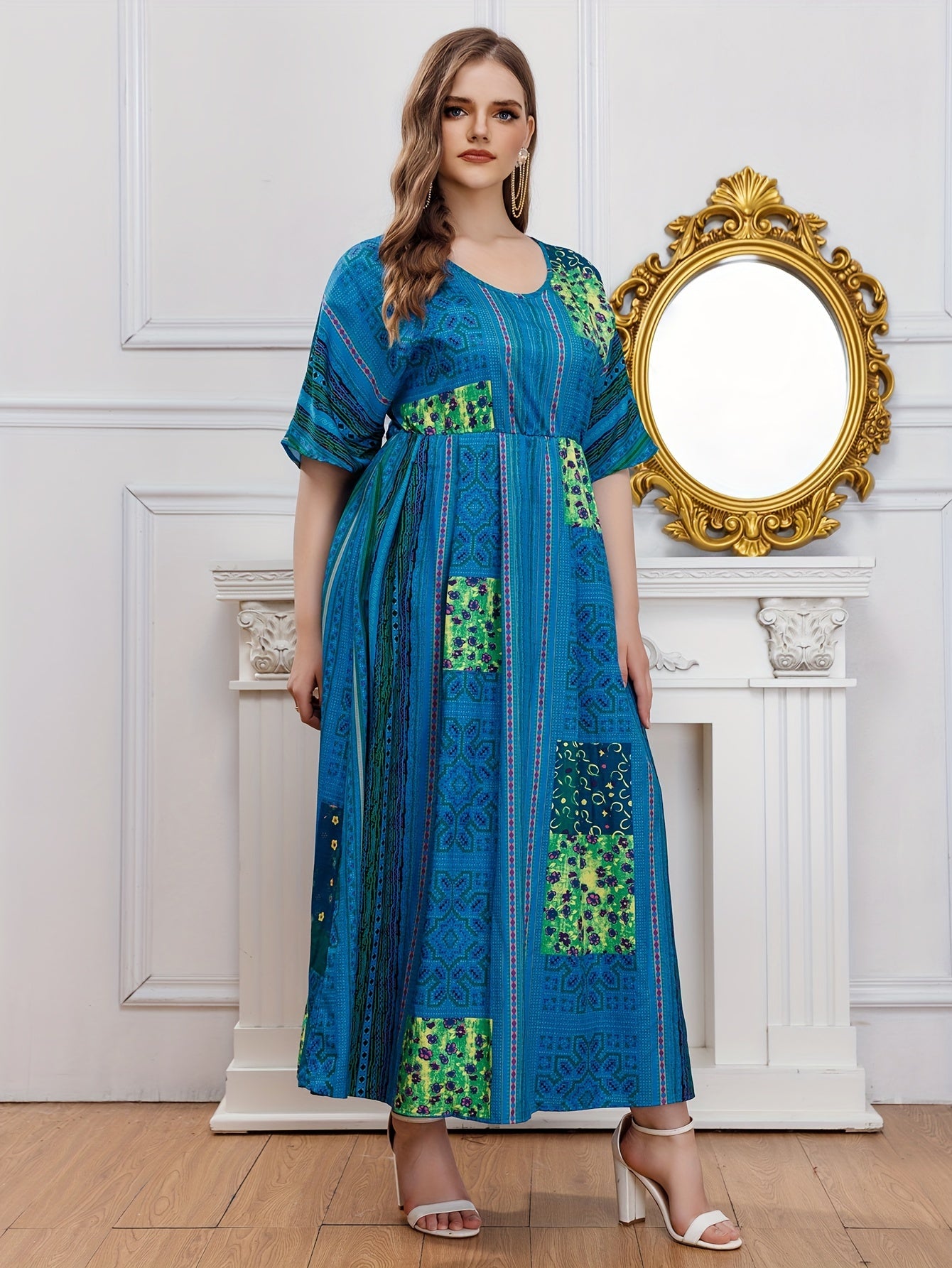  Ethnic Print Batwing Sleeve Maxi Dress