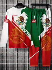 Mexico Eagle Pattern Men's 2 Piece Outfits Long Sleeve T-shirt & Sweatpants Set