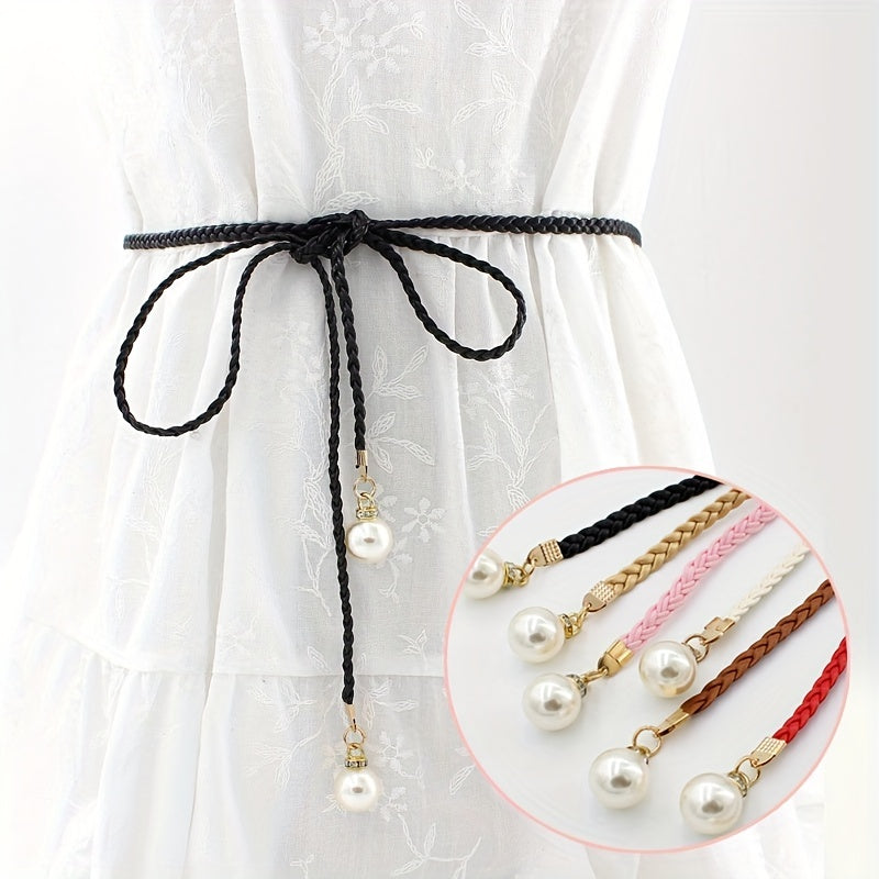 Faux Pearl Pendant Braided Belt for Women