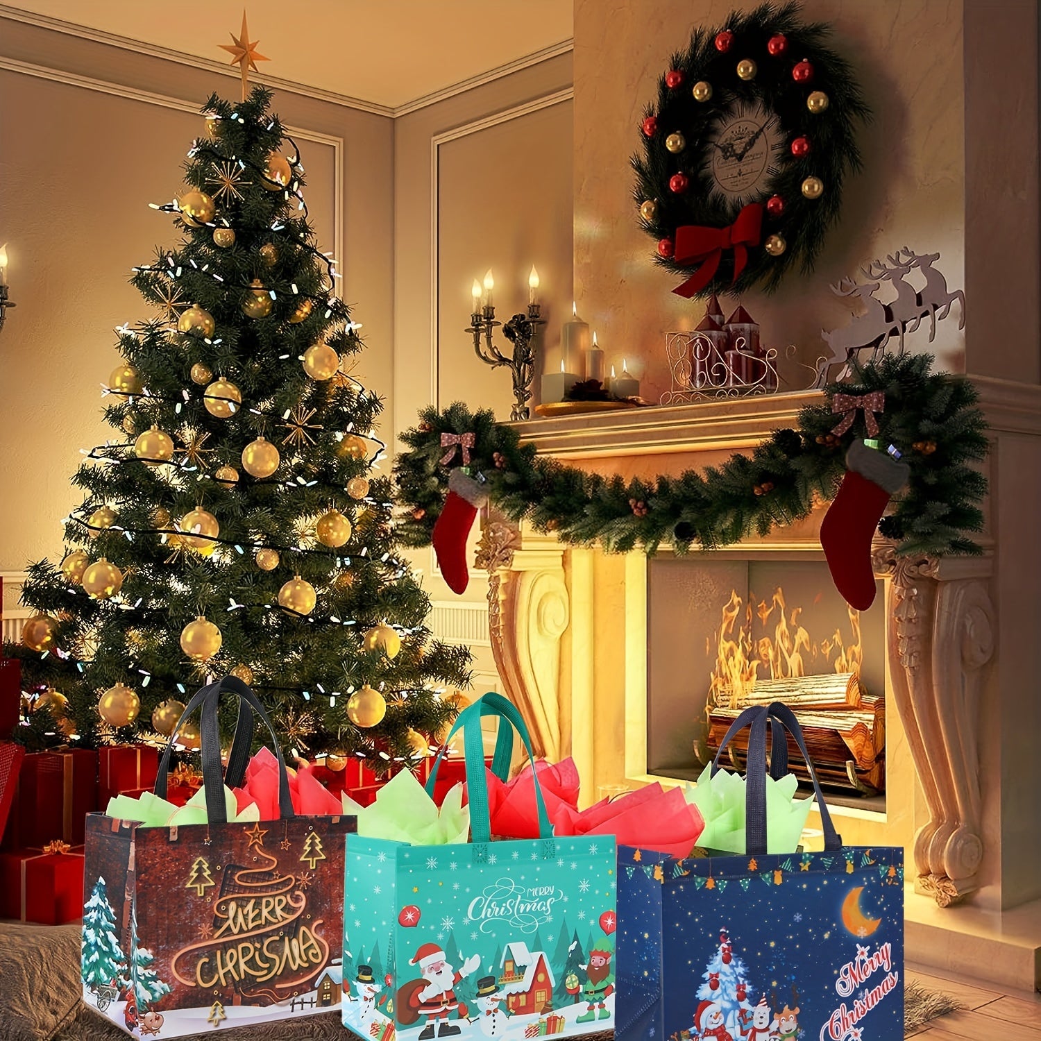 4pcs Christmas Reusable Grocery Bags Xmas Tote Bags With Handles