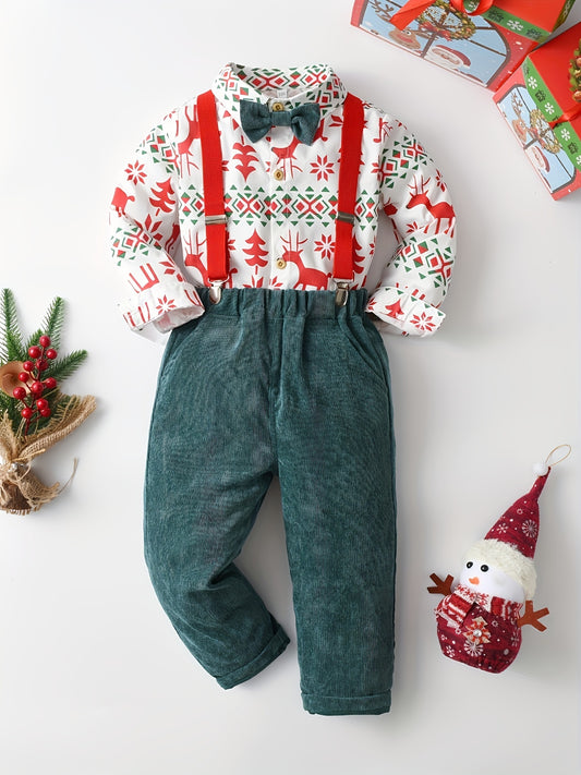 Boy's Christmas 2pcs Bow Tie Shirt & Corduroy Overalls Set Elk Print