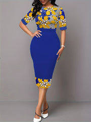 Striped & Floral Bodycon Dress Short Sleeve Crew Neck Spring Summer