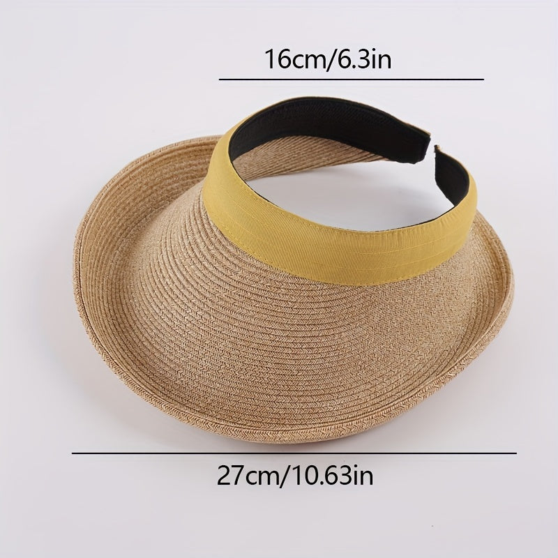 UV Protection Straw Sun Hat Roll Brim Ponytail Visor Hat Vintage Beach Hats