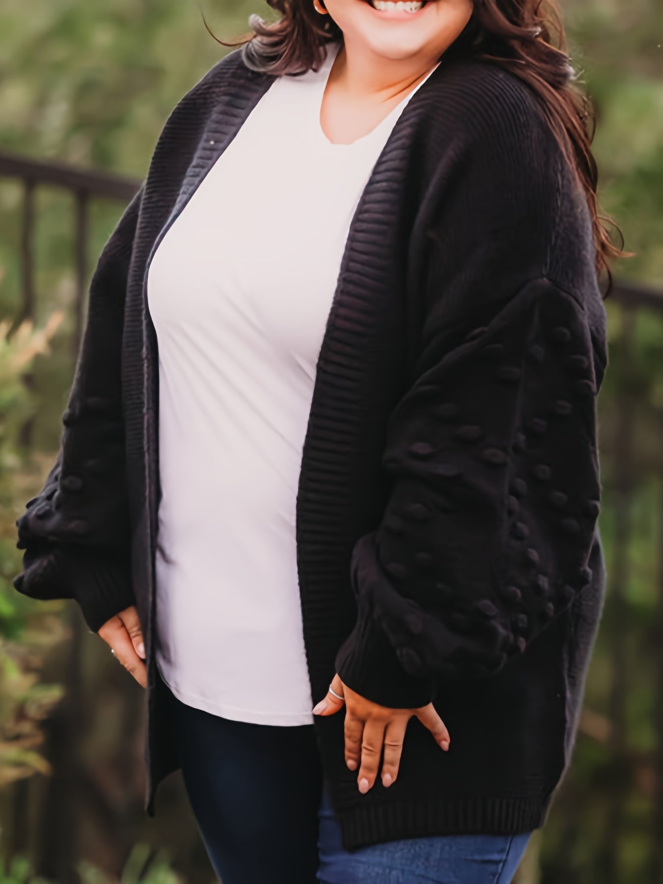 Plus Size Solid Dot Pattern Lantern Sleeve Open Front Sweater Cardigan