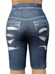  Denim & Brush Print High Rise Skinny Shorts