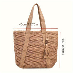 Bohemian Summer Beach Straw Tote Bag with Tassel Detail