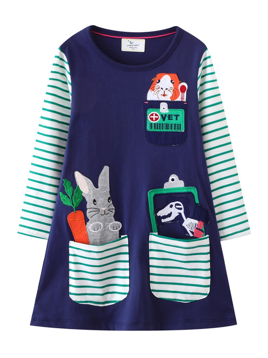 Girls Striped Print Rabbit Patchwork Dress Spring Fall