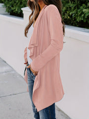  Casual Cardigan Solid Long Sleeve Waterfall Collar Open Front