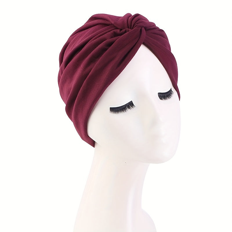 Wine Red Cross Knotted Bandana Women Turban Cap Ramadan Headwrap
