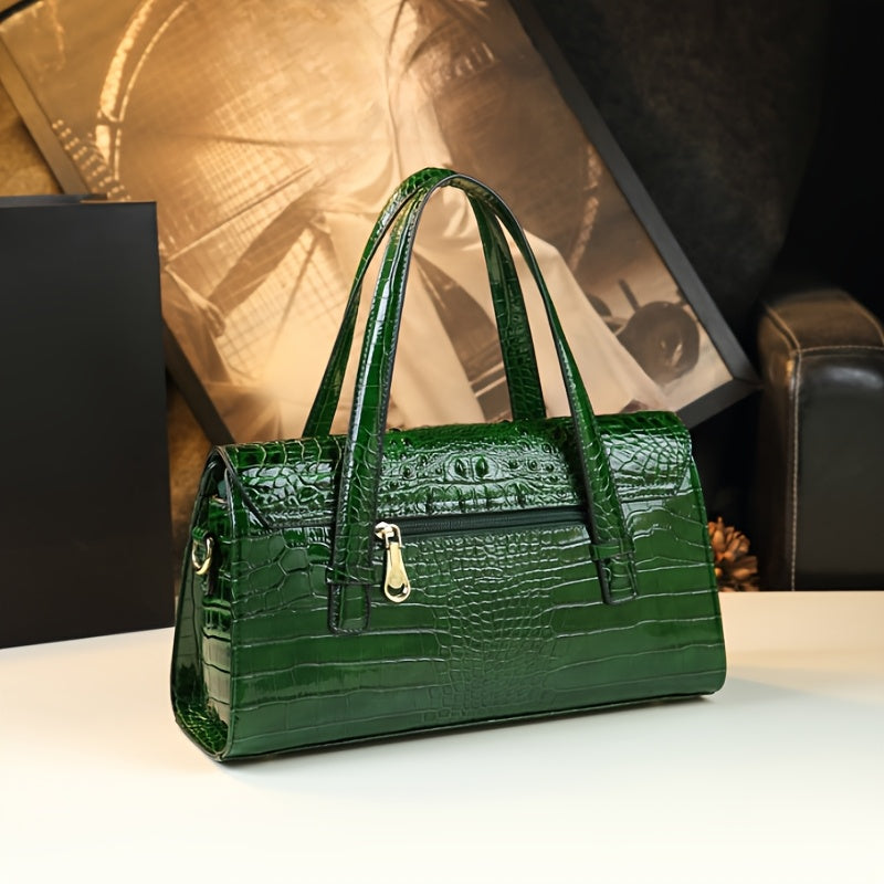 Vintage Crocodile Pattern Leather Handbag with Shoulder Strap & Wristlet