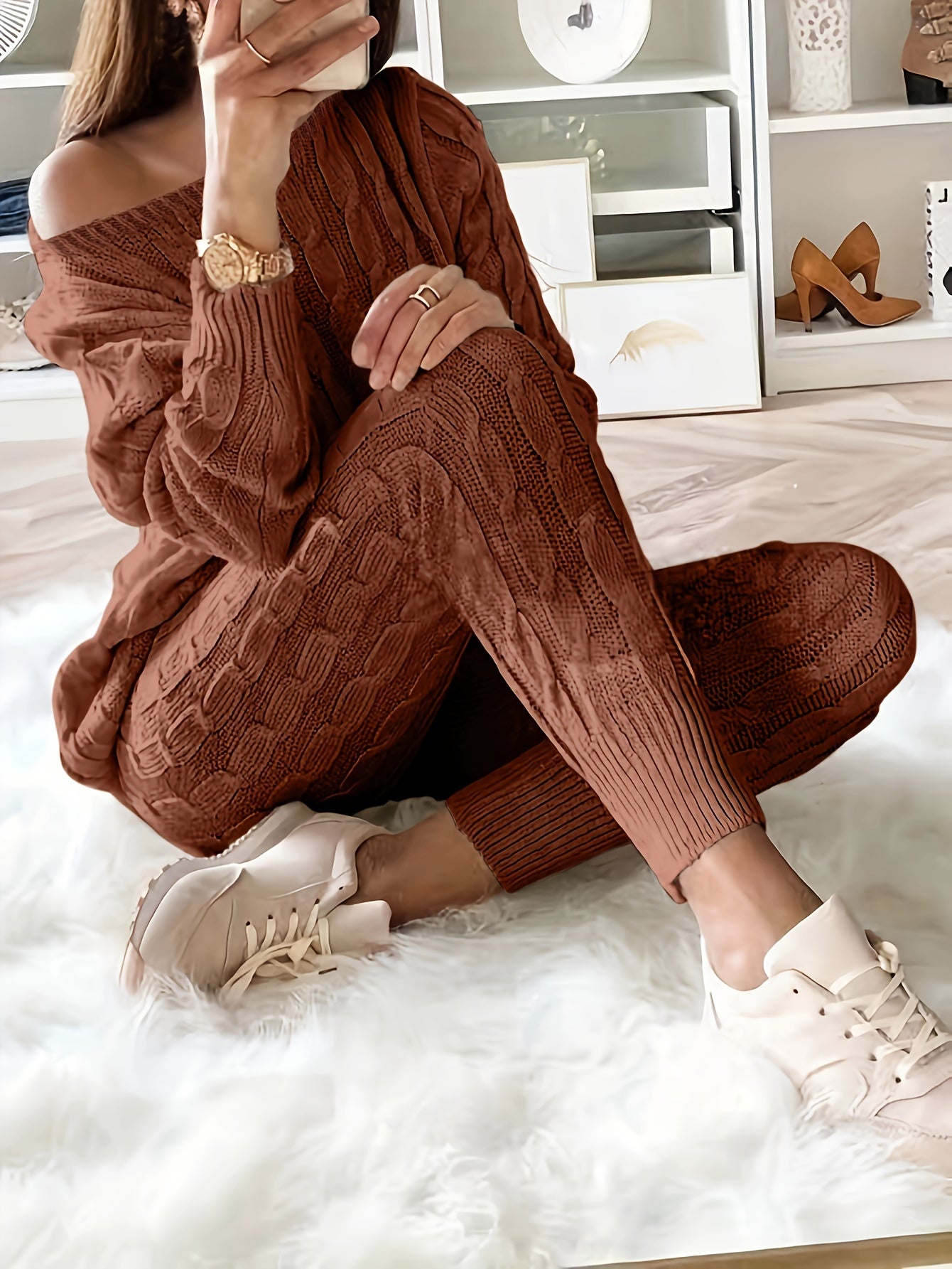 Solid Knitted Two piece Set Long Sleeve Sweater & Pants