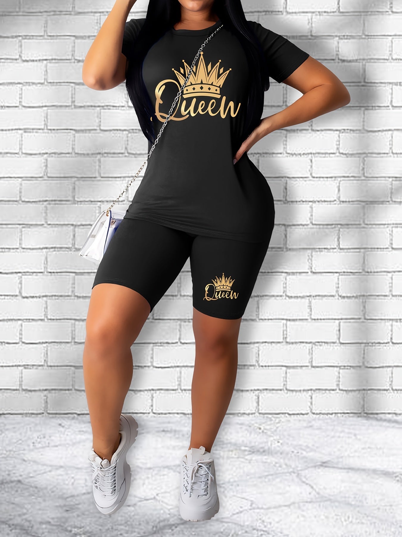 Letter Print Matching Set Short Sleeve T shirt & Biker Shorts