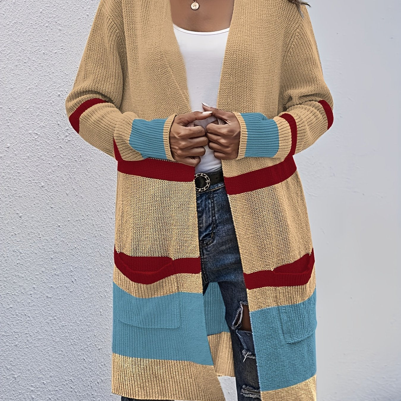  Striped Open Front Cardigan with Pockets