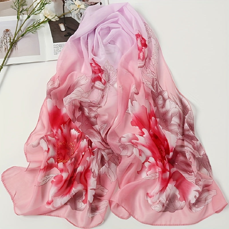 Large Flower Print Chiffon Scarf Gradient Silk Thin Shawl Hijab