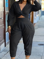  Solid Twist Front Crop Top & Tapered Leg Pants Outfit