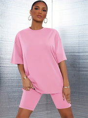 Casual Solid 2pc Set Short Sleeve T shirt & Skinny Shorts Outfit Women's