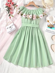Girls Ruffle Trim Off Shoulder Floral Dress For Vacation