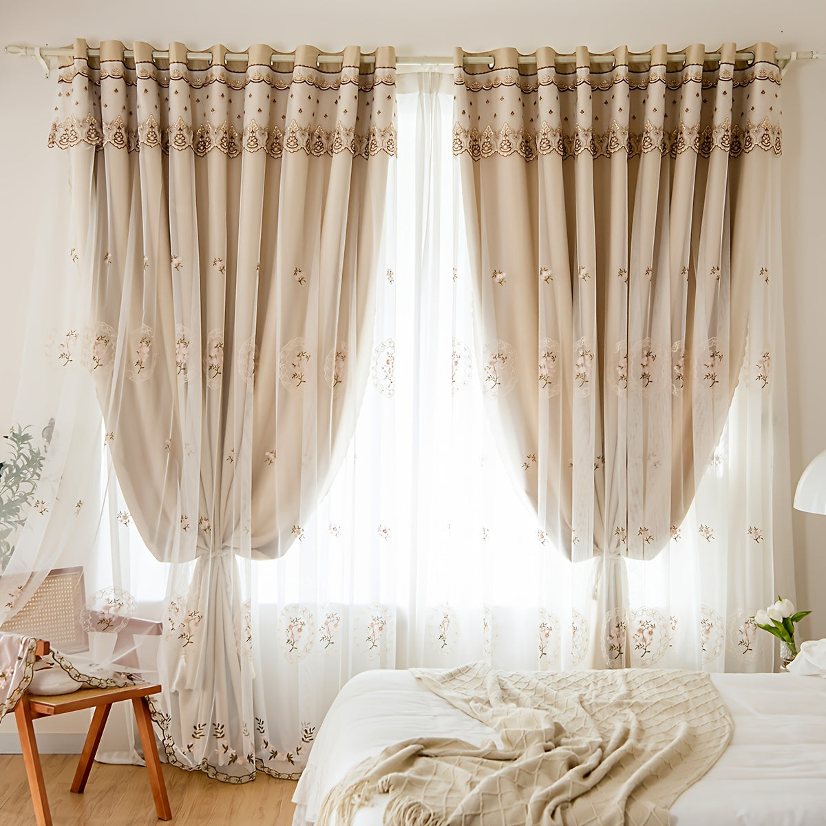 Blackout Rose Flower Pattern Tulle Curtain with Lace Embroidery