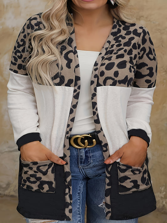  Leopard Print Open Front Cardigan with Pockets