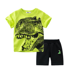 Dino Pattern Green Cotton T-shirt & Shorts Set For Boys Summer