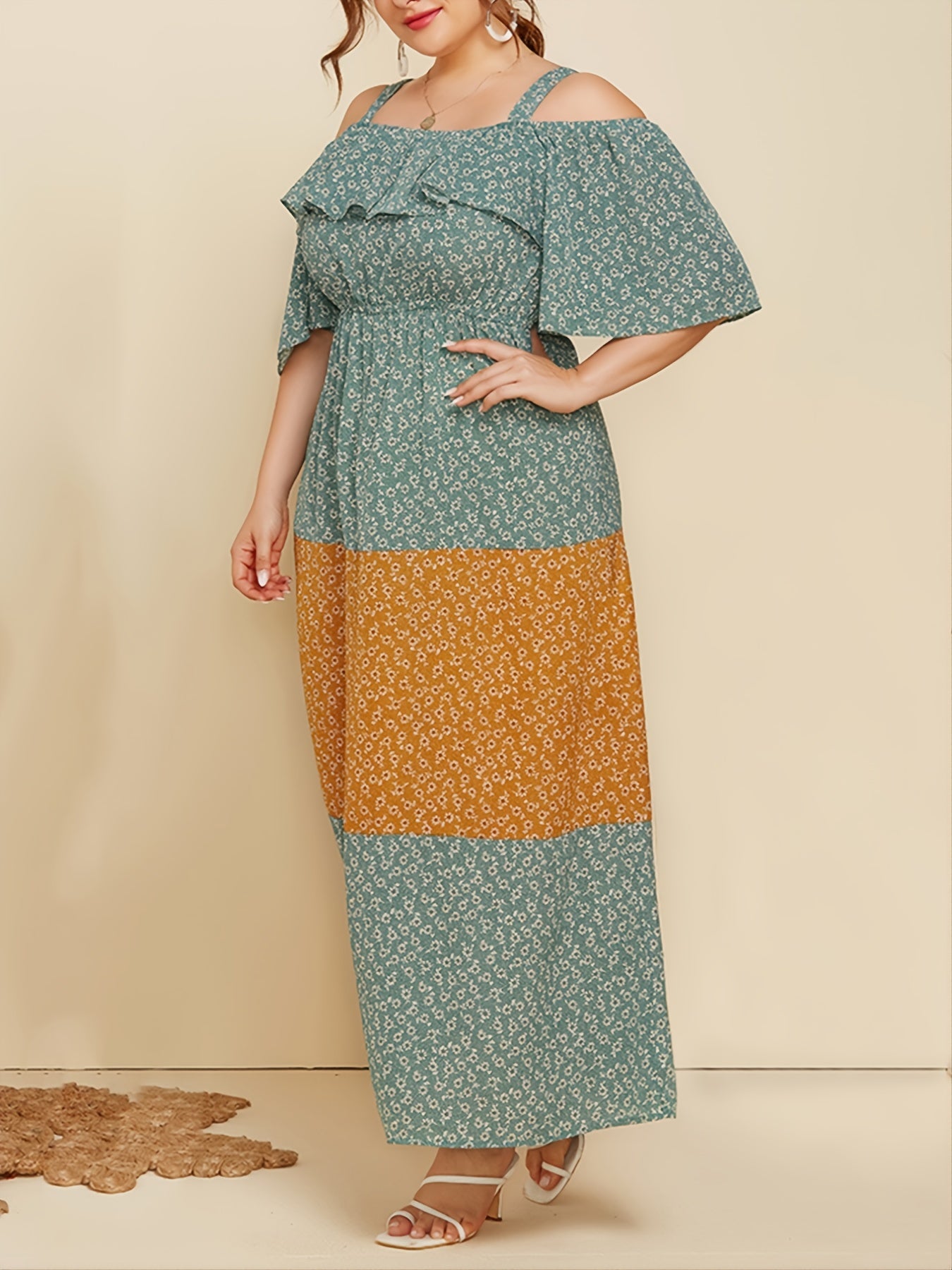 Plus Floral Cold Shoulder Maxi Dress Women's Plus Ruffle Trim Long Dr