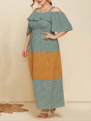Plus Floral Cold Shoulder Maxi Dress Women's Plus Ruffle Trim Long Dr