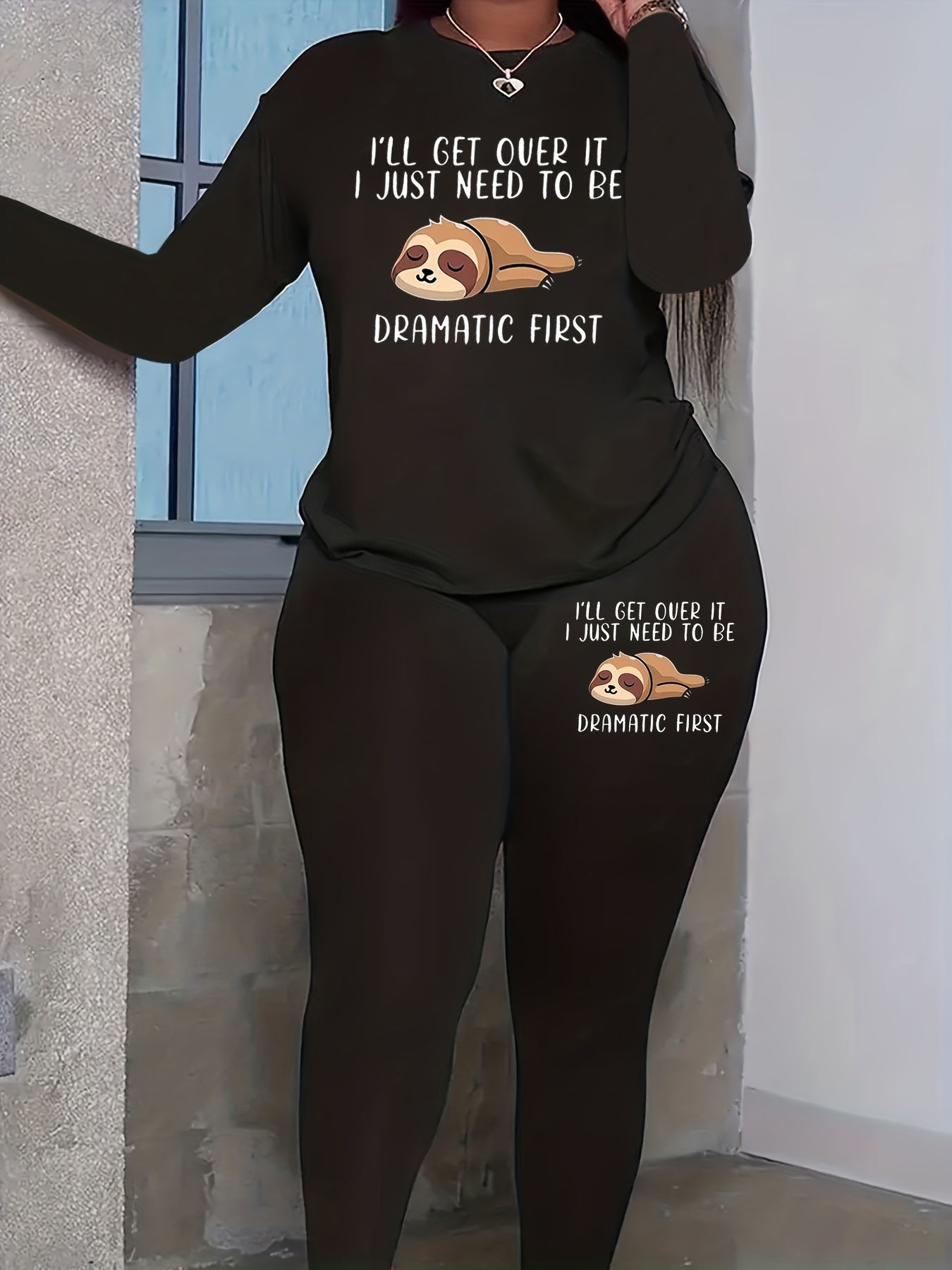 Women's Plus Sloth Print Long Sleeve Tee & Legging Outfit Set