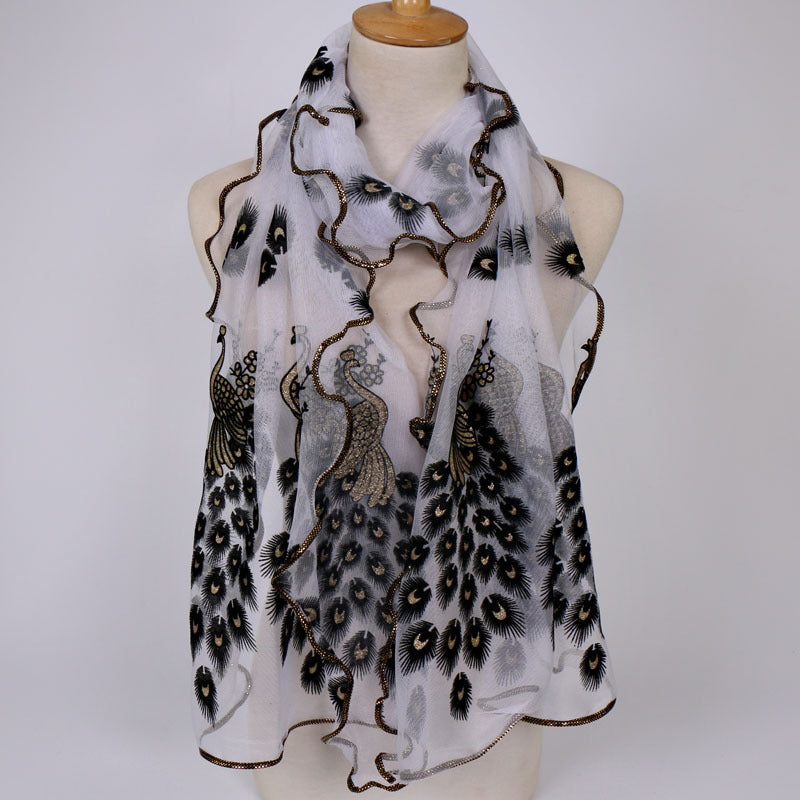 Peacock Velvet Golden Print Long Scarf