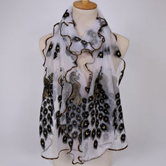 Peacock Velvet Golden Print Long Scarf