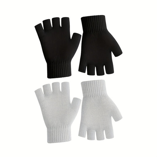 2pairs Men's Winter Fingerless Gloves Knitted Typing Half Finger Gloves