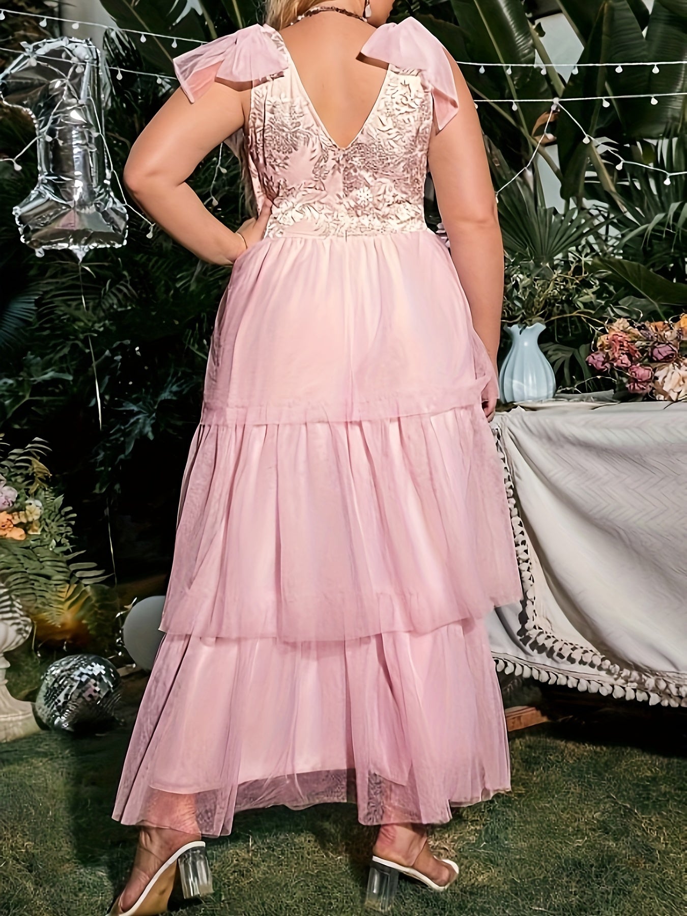  Colorblock Floral Embroidery Maxi Bridesmaid Dress