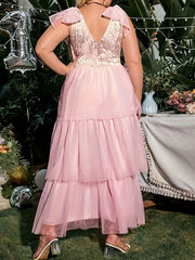  Colorblock Floral Embroidery Maxi Bridesmaid Dress