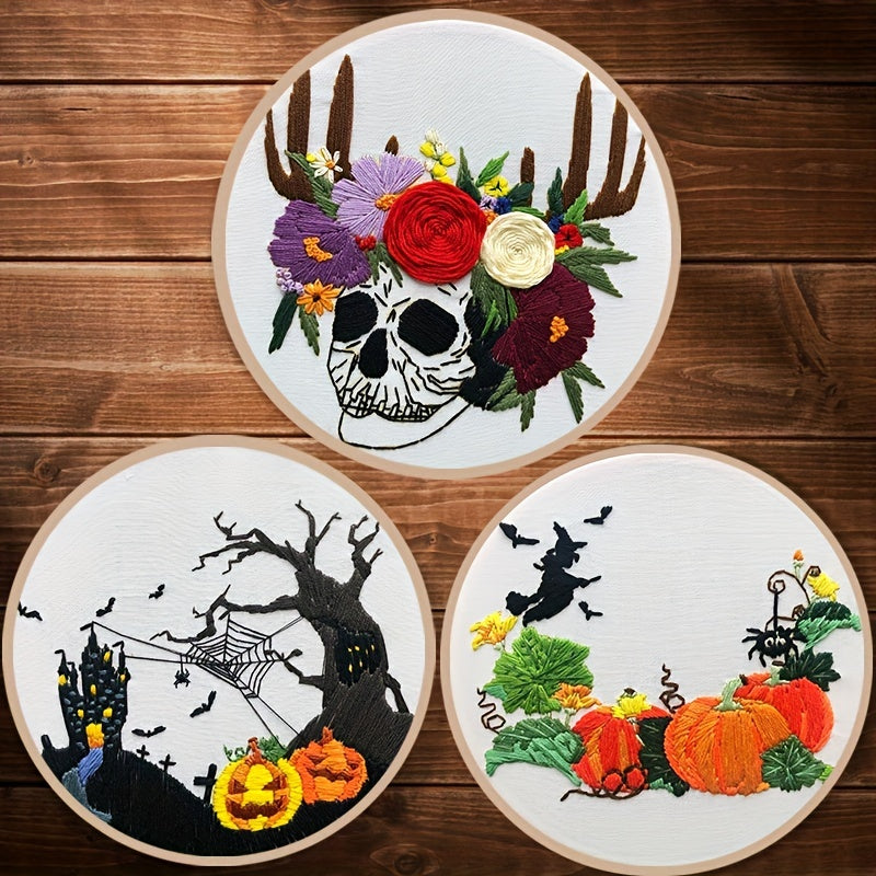 3D Embroidery Kit Halloween Pumpkin Skull & Hoop DIY Gift