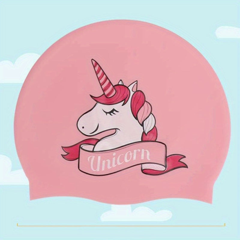 Cartoon Rainbow Horse Swim Cap, Waterproof Silicone, Long Hair Girls & Boys