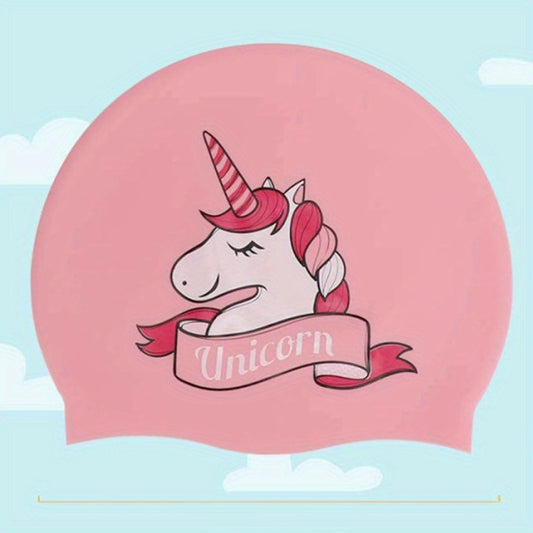Cartoon Rainbow Horse Swim Cap, Waterproof Silicone, Long Hair Girls & Boys