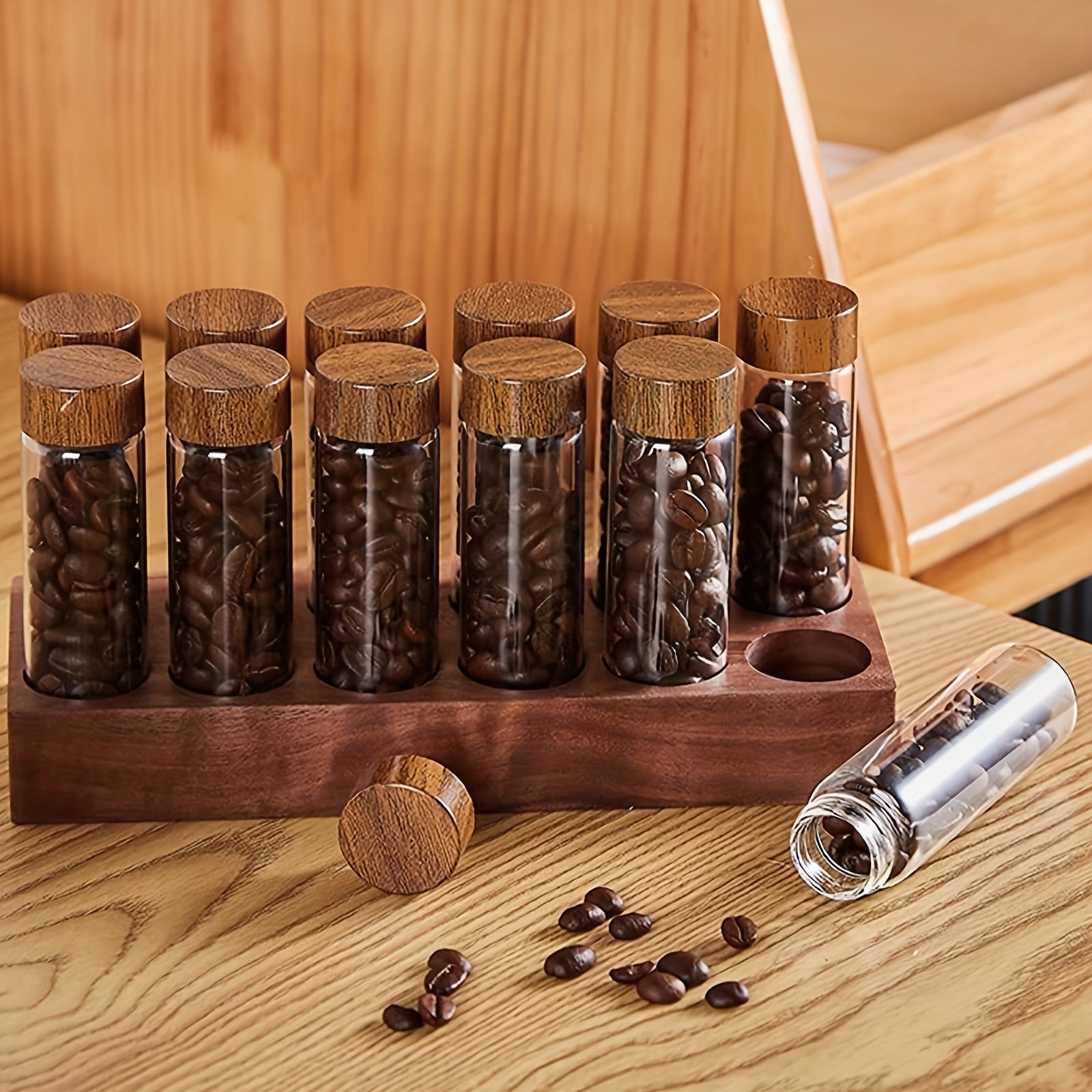 12pcs DIY Coffee Bean Storage Tubes Single Dose Wooden Cellar Display Stand