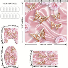 4pcs Christmas Waterproof Shower Curtain Set with Bath Mat and Toilet Seat Cover