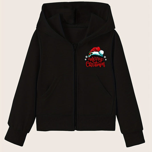 Girls' Christmas Hat Graphic Hoodie with Zipper and Pockets