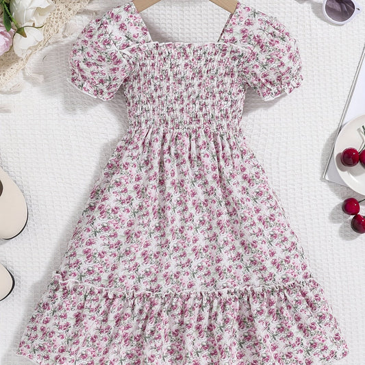 Girls Boho Floral Shirred Casual Dress Comfy Square Neck Kids Summer Dress