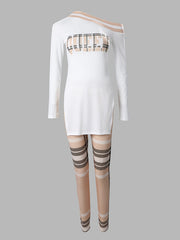 Irregular Bodycon Two piece Set Letter Print Long Sleeve Tops & Plaid Pants