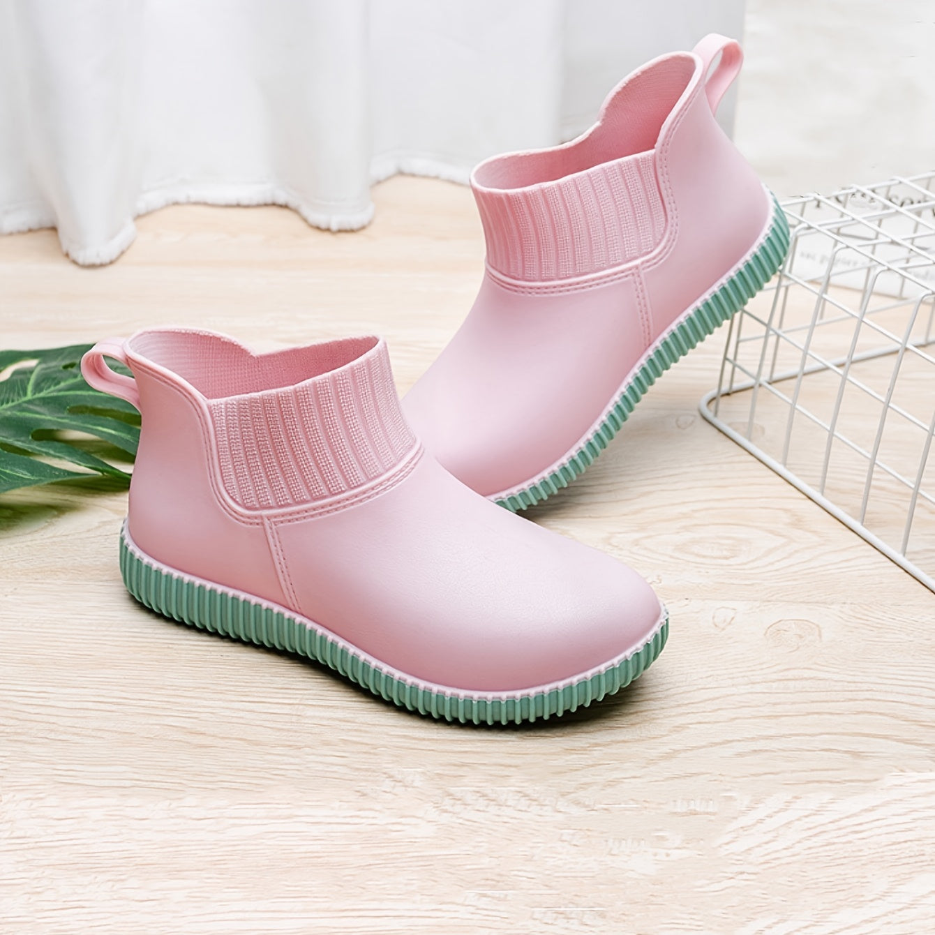 Women's Non slip Solid Flat Rain Boots Waterproof Slip On Rubber Shoes