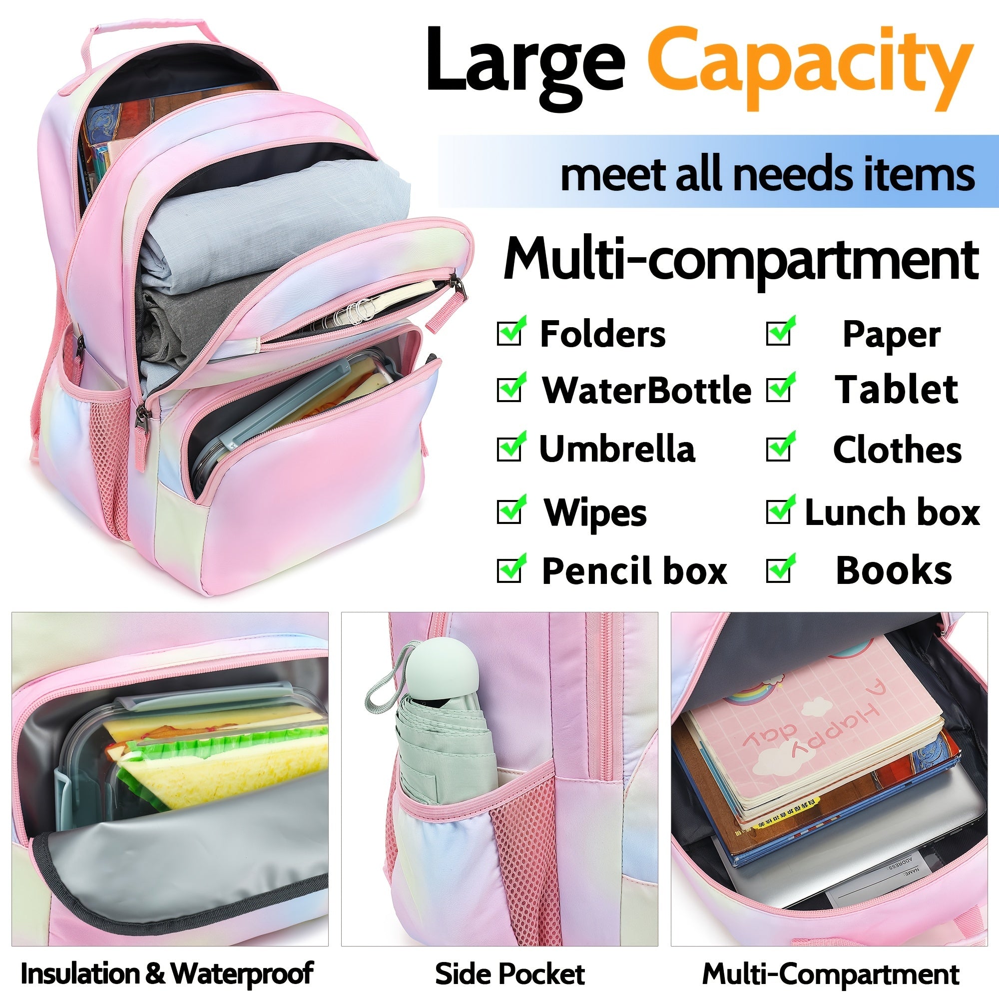 Kids Rainbow Pink School Backpack with Chest Strap and Whistle