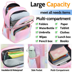 Kids Rainbow Pink School Backpack with Chest Strap and Whistle
