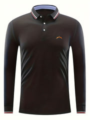 Men's Wing Print Lapel Polo Shirt - Breathable Long Sleeve Top