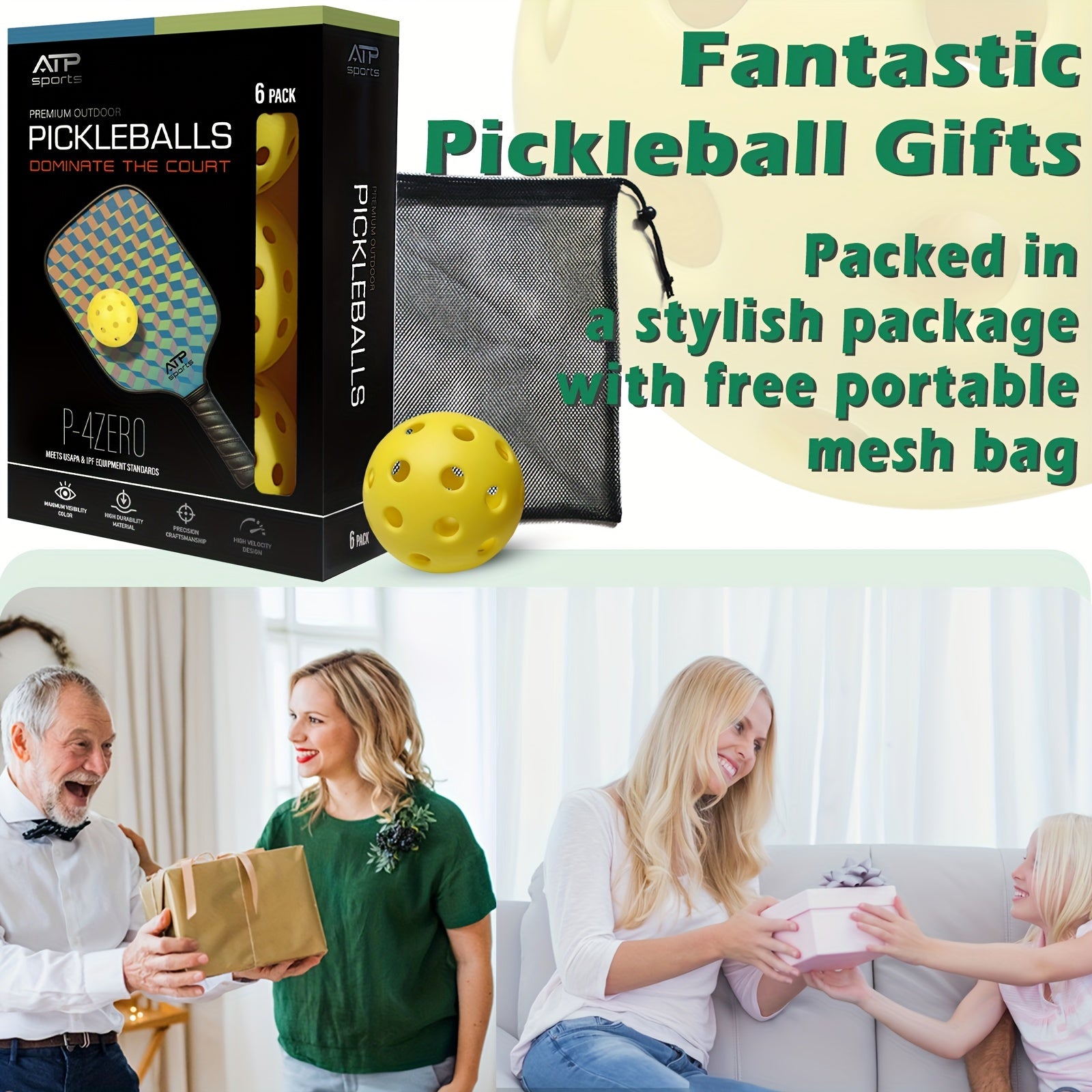 12pcs Pickleball Balls USAPA 40 Holes Pickle Balls w/ Mesh Bag