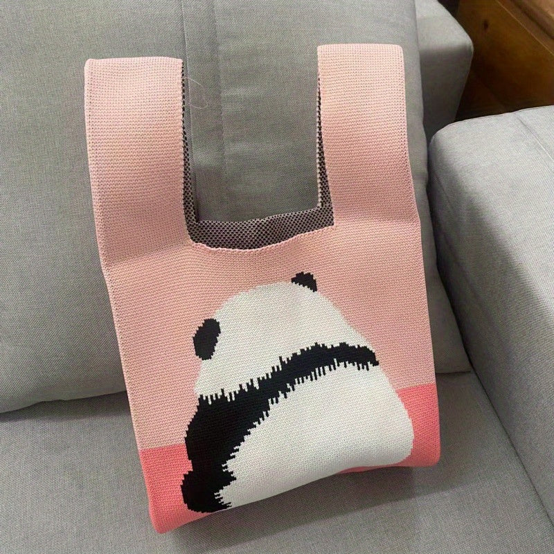 Knitted Panda Pattern Handbag Colorblock Satchel Bag