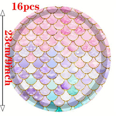 Mermaid Party Tableware Set - Plates Cups Napkins Banner Tablecloth