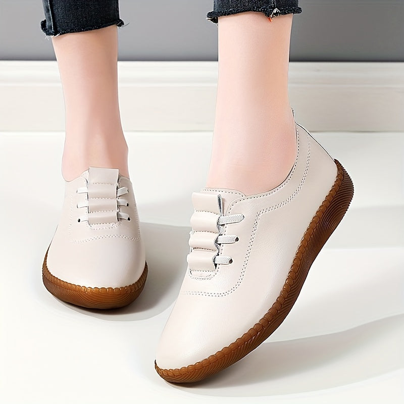 Women's Solid Flat Lace Up Soft Sole Shoes Lightweight Faux Leather Shoe